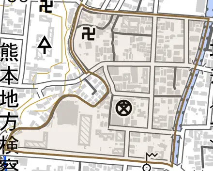 内坪井町とその周辺の地図。町の範囲を重ねている