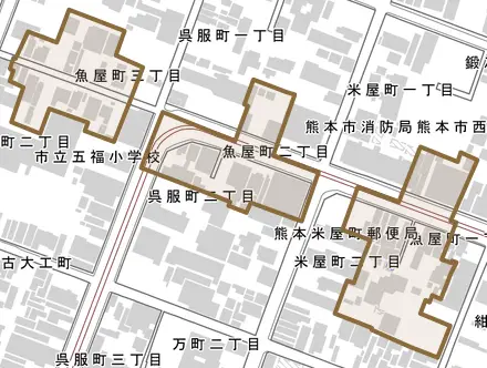 魚屋町とその周辺の地図。町の範囲を重ねている