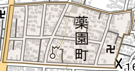 薬園町とその周辺の地図。町の範囲を重ねている
