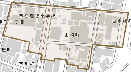 山崎町とその周辺の地図。町の範囲を重ねている