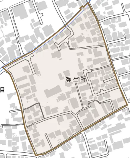 弥生町とその周辺の地図。町の範囲を重ねている