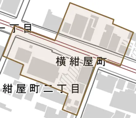 横紺屋町とその周辺の地図。町の範囲を重ねている