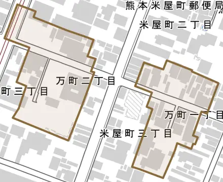 万町とその周辺の地図。町の範囲を重ねている