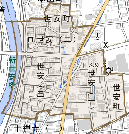 世安町とその周辺の地図。町の範囲を重ねている