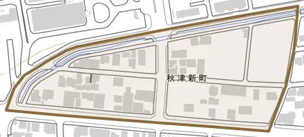 秋津新町とその周辺の地図。町の範囲を重ねている