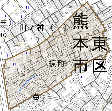 榎町とその周辺の地図。町の範囲を重ねている