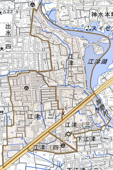 江津とその周辺の地図。町の範囲を重ねている