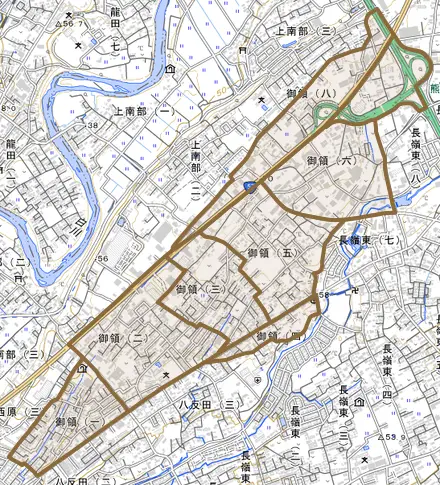 御領とその周辺の地図。町の範囲を重ねている