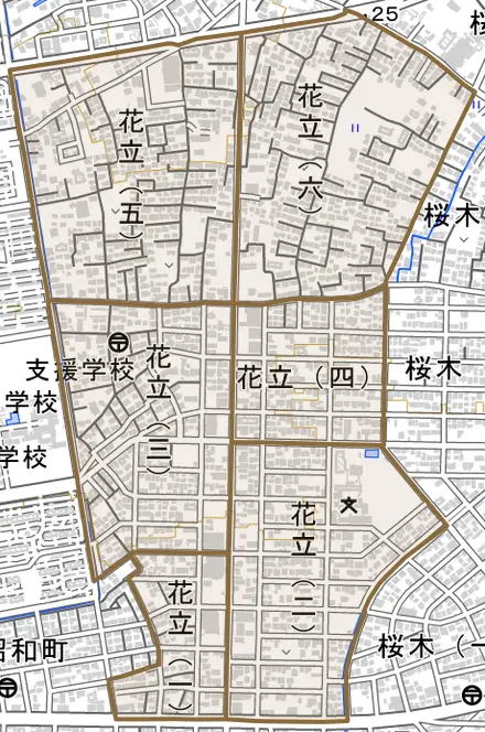 花立とその周辺の地図。町の範囲を重ねている