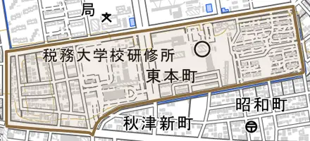 東本町とその周辺の地図。町の範囲を重ねている