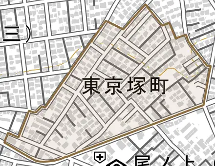 東京塚町とその周辺の地図。町の範囲を重ねている