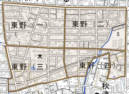 東野とその周辺の地図。町の範囲を重ねている