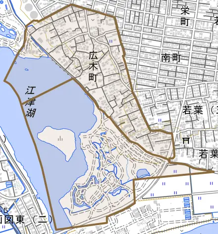 広木町とその周辺の地図。町の範囲を重ねている