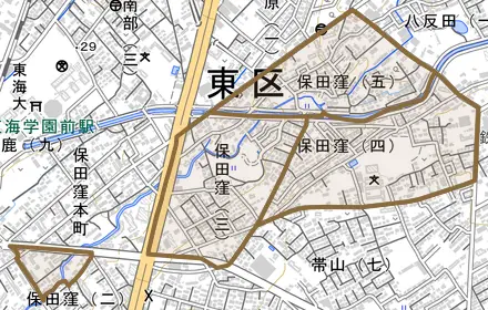 保田窪とその周辺の地図。町の範囲を重ねている