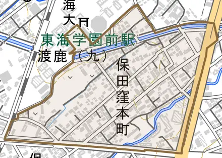 保田窪本町とその周辺の地図。町の範囲を重ねている