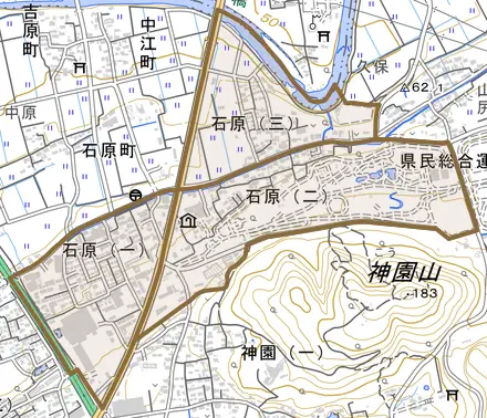 石原とその周辺の地図。町の範囲を重ねている