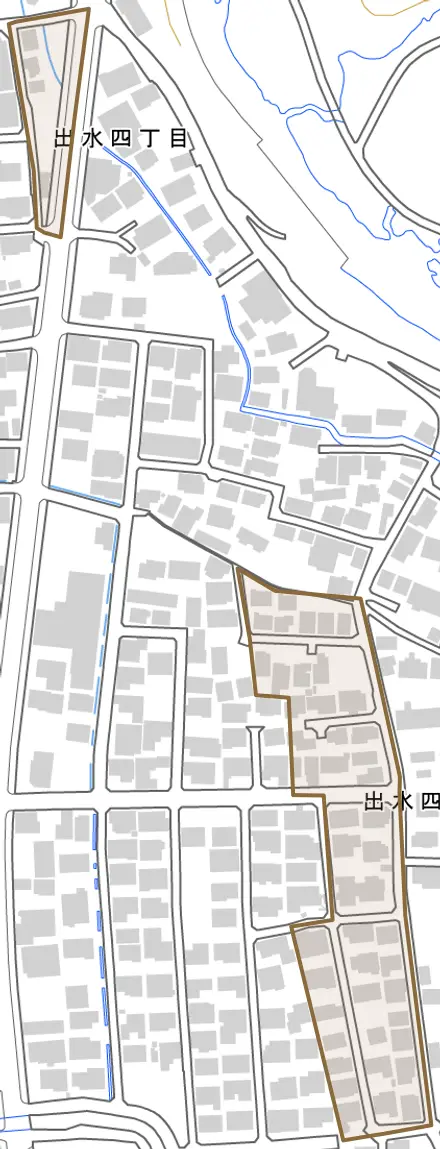 出水とその周辺の地図。町の範囲を重ねている