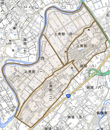 上南部とその周辺の地図。町の範囲を重ねている