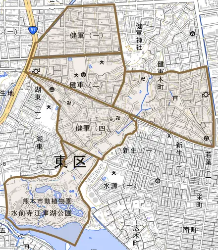 健軍とその周辺の地図。町の範囲を重ねている