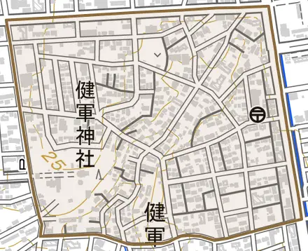 健軍本町とその周辺の地図。町の範囲を重ねている