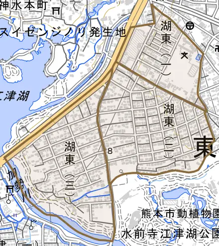 湖東とその周辺の地図。町の範囲を重ねている