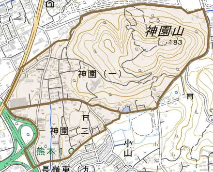 神園とその周辺の地図。町の範囲を重ねている