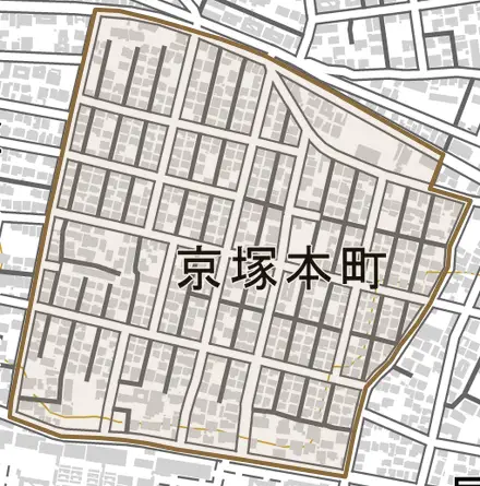京塚本町とその周辺の地図。町の範囲を重ねている