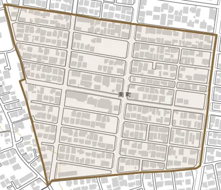 南町とその周辺の地図。町の範囲を重ねている