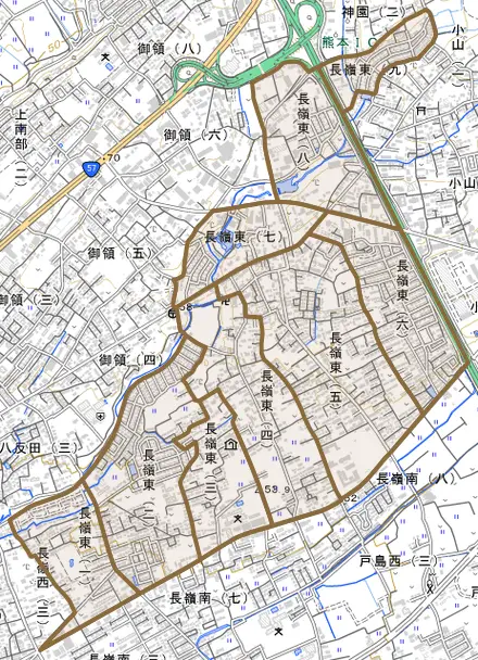 長嶺東とその周辺の地図。町の範囲を重ねている