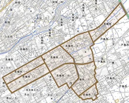 長嶺南とその周辺の地図。町の範囲を重ねている