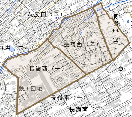 長嶺西とその周辺の地図。町の範囲を重ねている