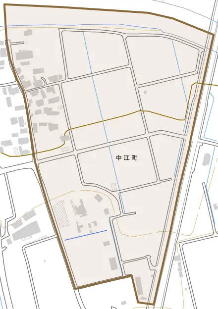 中江町とその周辺の地図。町の範囲を重ねている