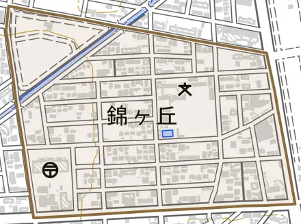 錦ケ丘とその周辺の地図。町の範囲を重ねている