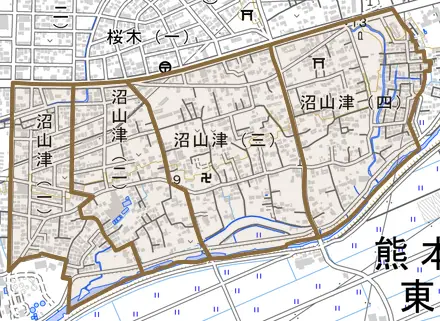 沼山津とその周辺の地図。町の範囲を重ねている