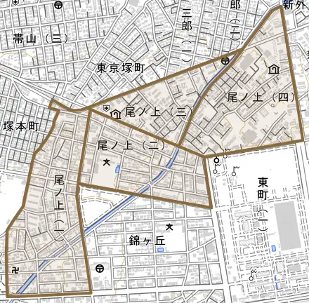 尾ノ上とその周辺の地図。町の範囲を重ねている