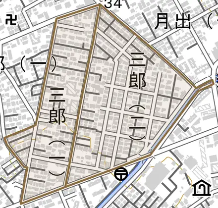 三郎とその周辺の地図。町の範囲を重ねている