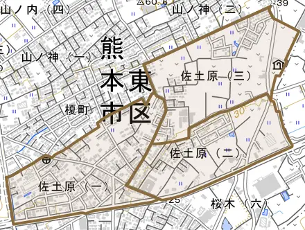 佐土原とその周辺の地図。町の範囲を重ねている