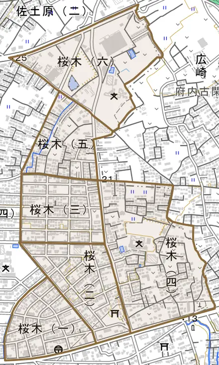 桜木とその周辺の地図。町の範囲を重ねている