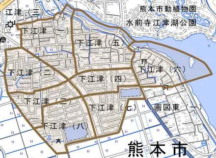 下江津とその周辺の地図。町の範囲を重ねている