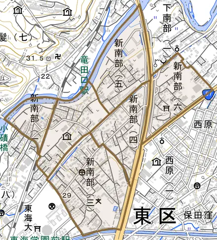 新南部とその周辺の地図。町の範囲を重ねている