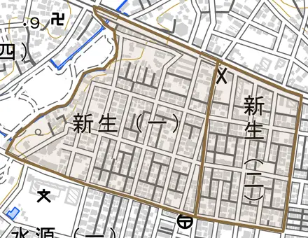 新生とその周辺の地図。町の範囲を重ねている