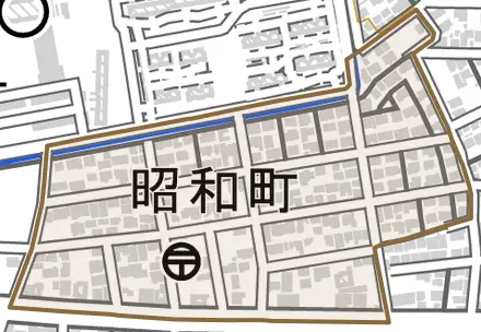 昭和町とその周辺の地図。町の範囲を重ねている