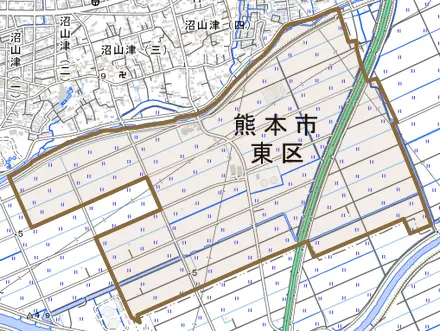 秋津町沼山津とその周辺の地図。町の範囲を重ねている