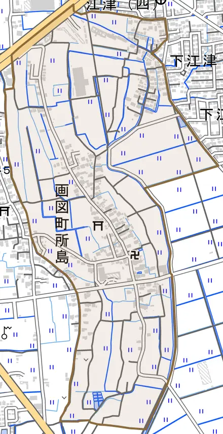 画図町大字所島とその周辺の地図。町の範囲を重ねている