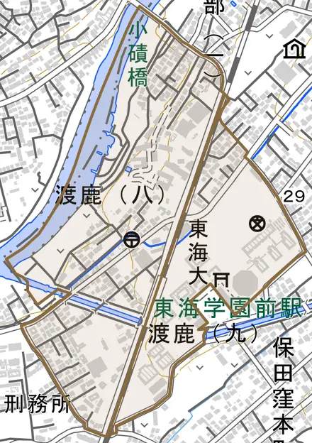 渡鹿とその周辺の地図。町の範囲を重ねている