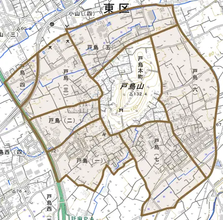 戸島とその周辺の地図。町の範囲を重ねている