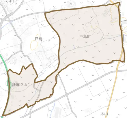 戸島町とその周辺の地図。町の範囲を重ねている