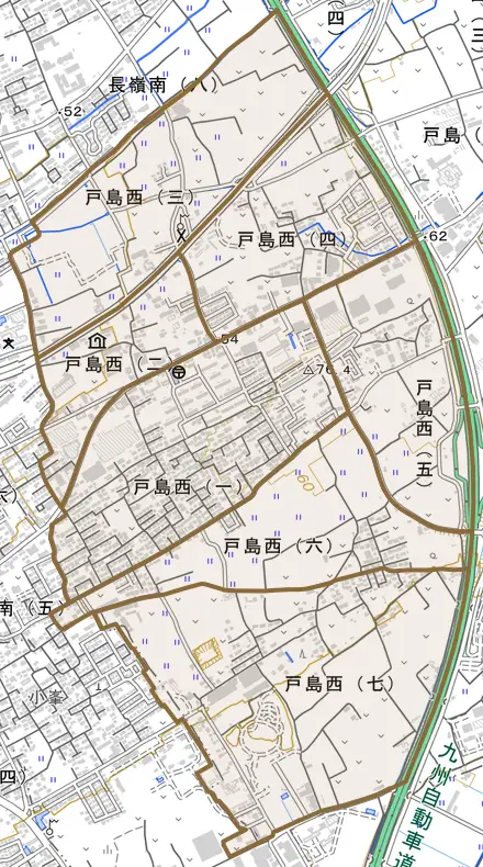 戸島西とその周辺の地図。町の範囲を重ねている