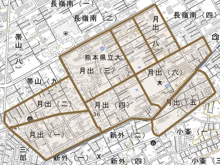 月出とその周辺の地図。町の範囲を重ねている