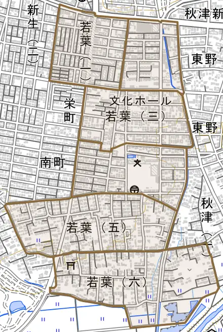 若葉とその周辺の地図。町の範囲を重ねている